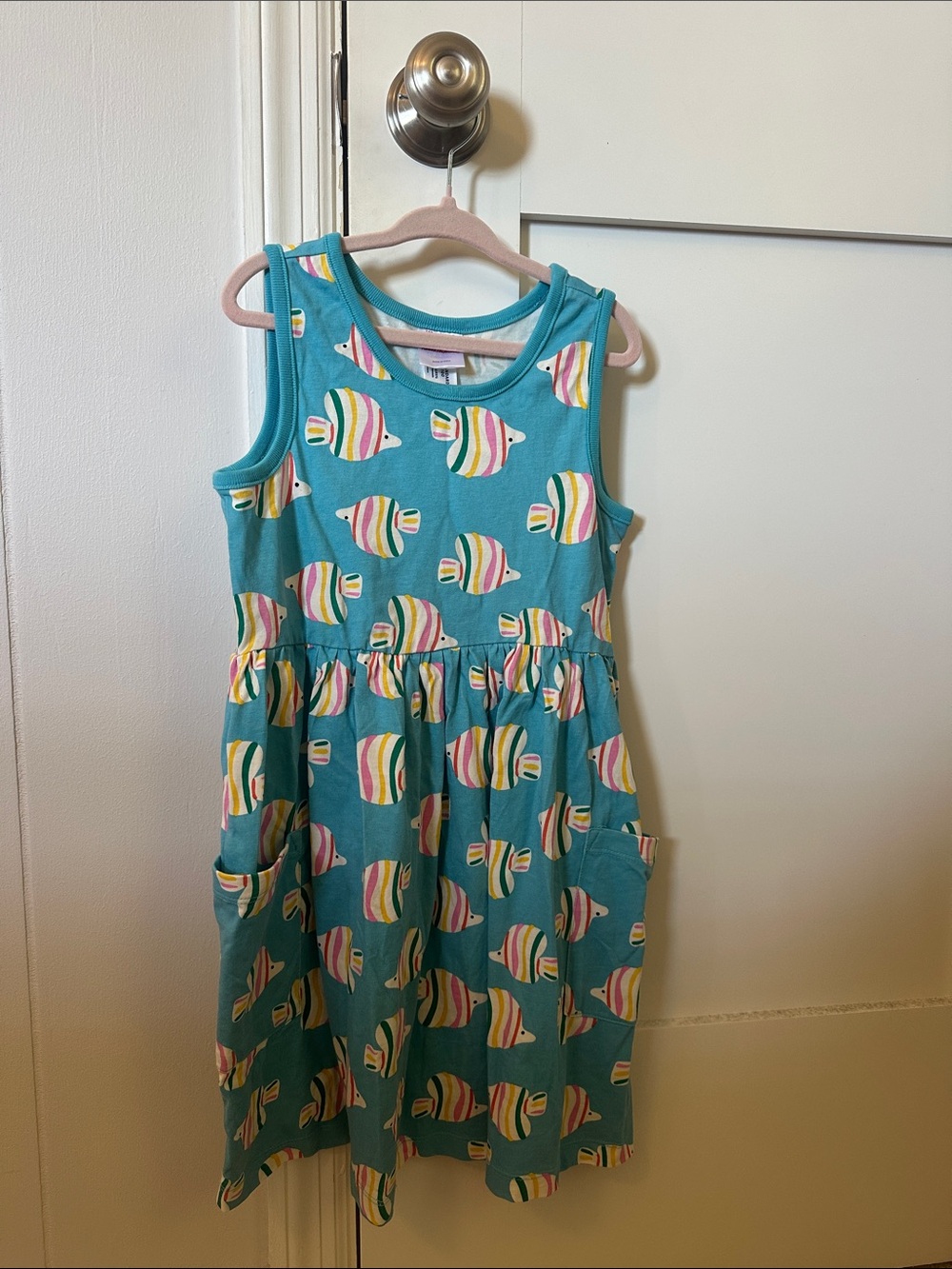 Hanna Andersson Play Dress Girls Fish Print Blue & Pink Size 6-7